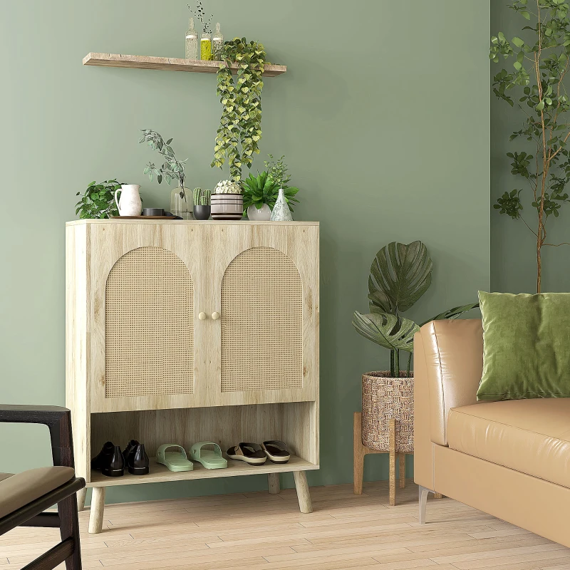 HOMCOM Mobile Multiuso in Stile Boho con Ante in Rattan e Ripiano Aperto, 80x38x100cm, Rovere