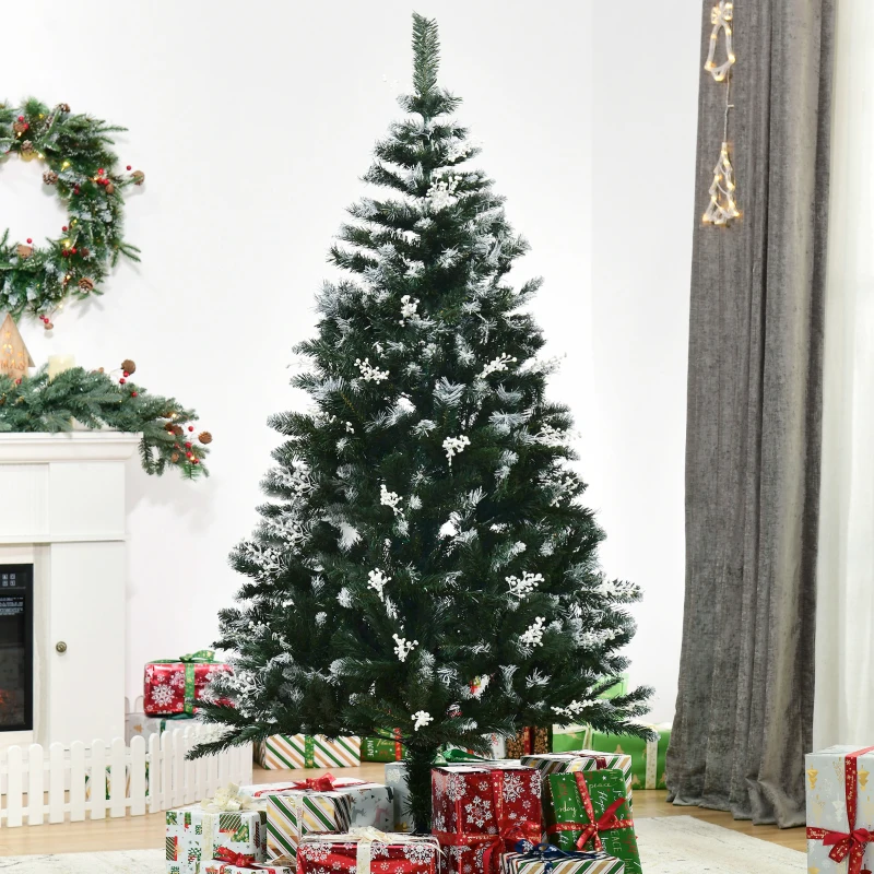 HOMCOM Albero di Natale Innevato 180cm con Bacche Decorative Bianche, Base Rimovibile Pieghevole, 603 Rami, Verde