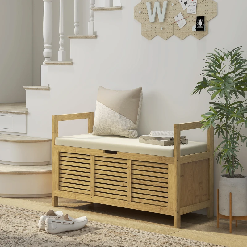 HOMCOM Schoenenrek met opbergruimte, Schoenenbank, zachte zitting, Bamboe, 100x40x60 cm