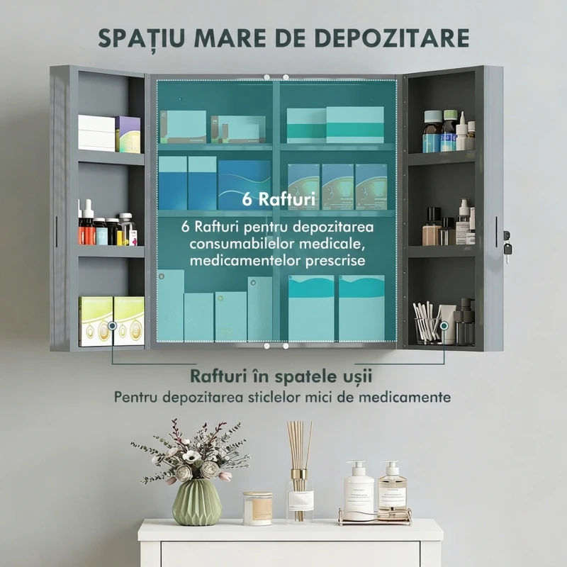 kleankin Dulap medical, dulap pentru medicamente încuiabil cu 2 uși și 6 rafturi, gri cărbune