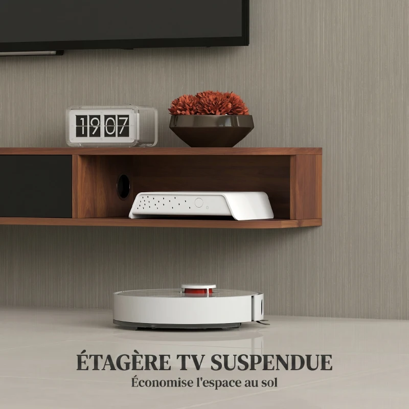 HOMCOM Meuble TV Suspendu, Meuble Télé pour Téléviseur jusqu'à 75 Pouces, Tiroir Rabattable, 2 Étagères, 180x24x16cm, Noyer