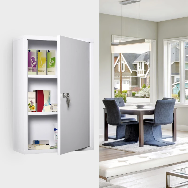 kleankin Medizinschrank Arzneischrank zur Medikamenten-Aufbewahrung, Abschließbar Medikamentenschrank Metall mit 3 Fächern Erste-Hilfe-Schrank, 40 x 18 x 60 cm, Weiß