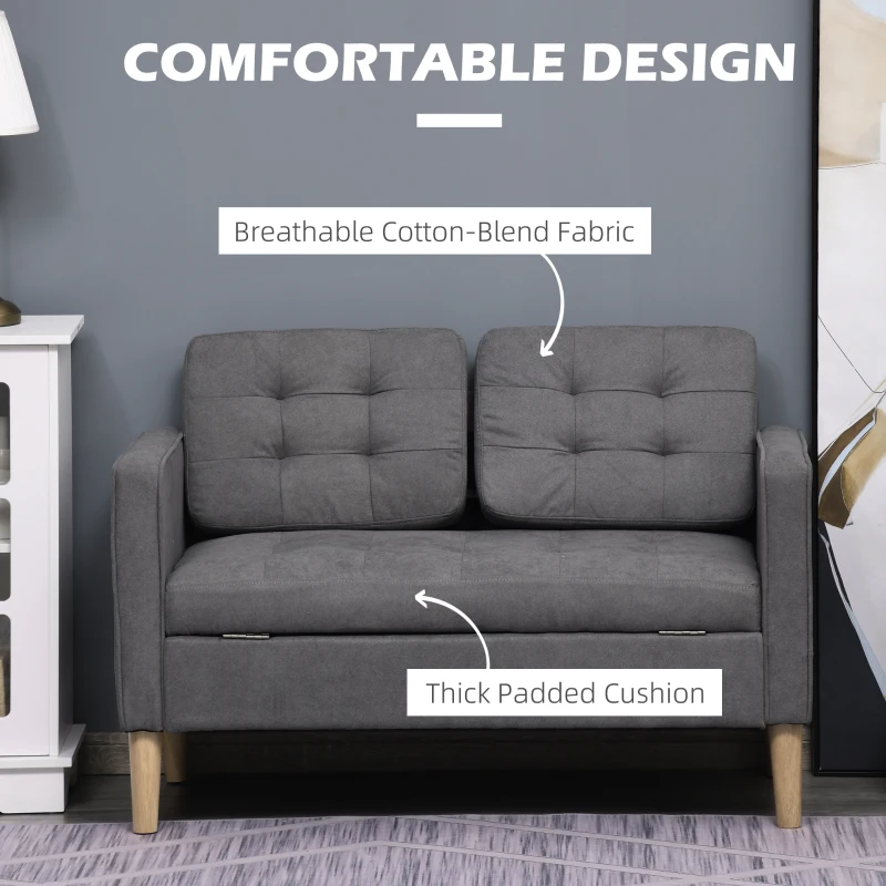 HOMCOM 2 Seater Storage Sofa, Fabric Couch with Hidden Under Seat Storage, Thick Cushions, Compact Space Saving Settee with Rubberwood Legs for Living Room, Apartment, Grey