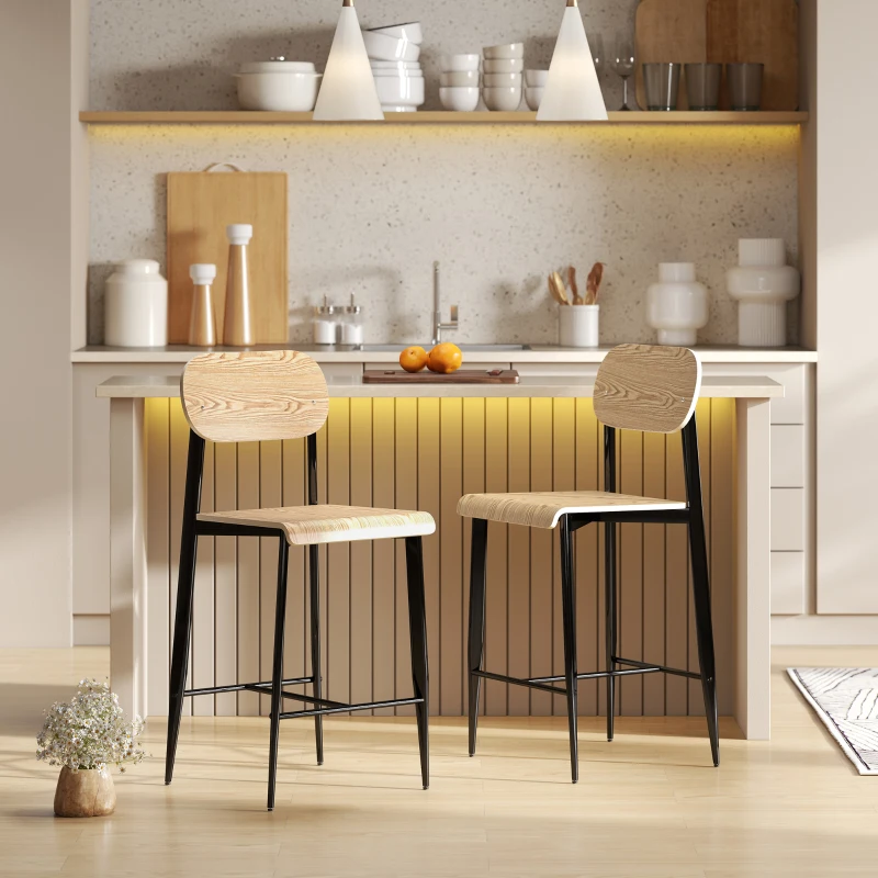 HOMCOM 2er-Set Barhocker, Barstühle mit Rückenlehne und Metallgestell, Holz, Hellbraun