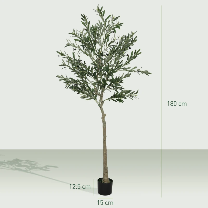 HOMCOM Plantă artificială de măslin, înaltă de 180 cm, cu 900 de frunze și 40 de măsline, ghiveci inclus