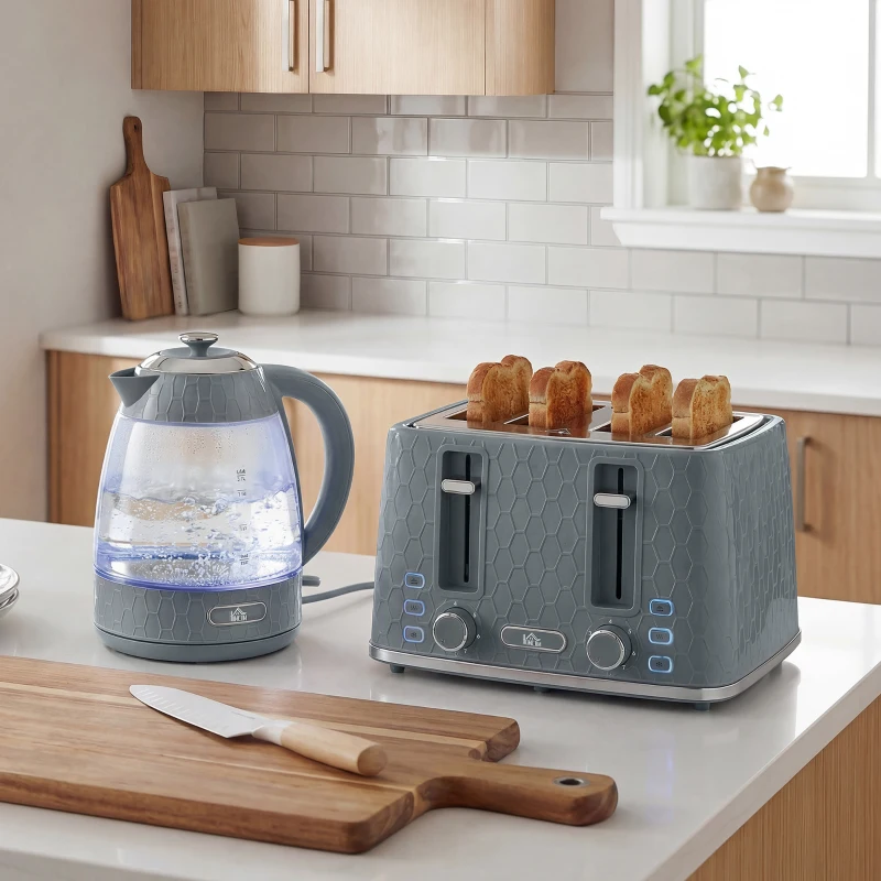 HOMCOM Kettle and Toaster Set, 1.7L 3000W Rapid Kettle with Strix Thermostat, 4 Slice Toaster with 7 Browning Controls, Grey
