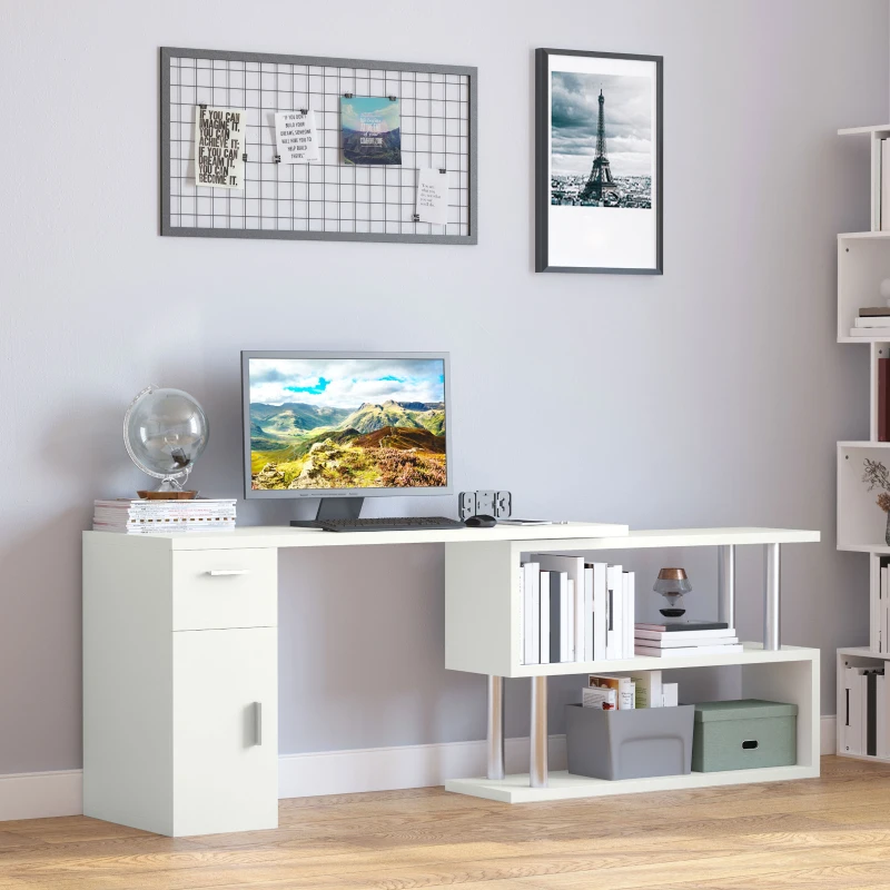 HOMCOM Scrivania Angolare Moderna in Legno con Cassetto, Armadietto e Mensole, Arredamento per Ufficio e Casa, Bianco