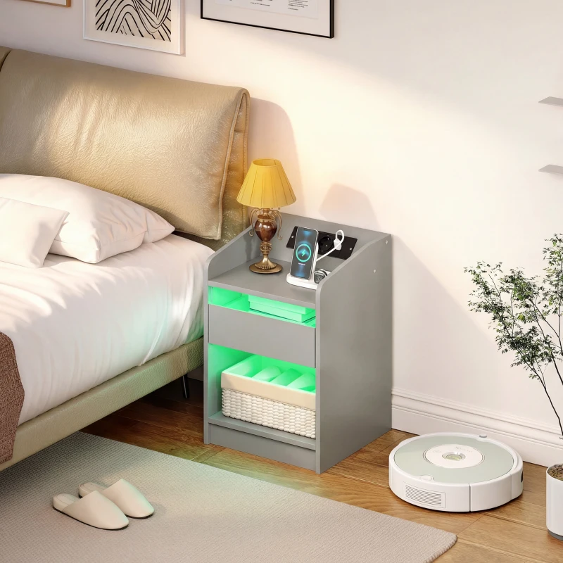 HOMCOM Mesa de Cabeceira com Luzes LED Gaveta Prateleira Estação de Carregamento Entrada USB e Controlo Remoto 40x40x58 cm Cinzento