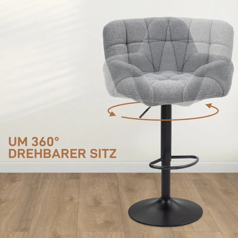 HOMCOM Barkrukken Set van 2 in Retro-Design, verstelbaar, Fleece-look, Grijs + Zwart(m-5)