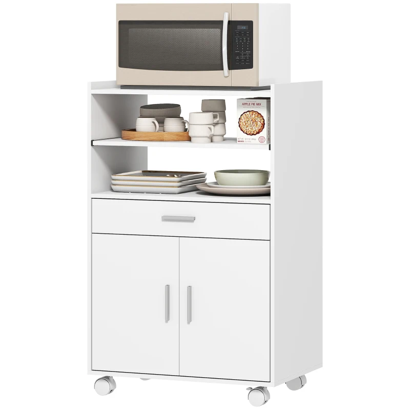 HOMCOM Kitchen Trolley with Wheels, Modern Mobile Microwave Stand with Slide-Out Shelf, Drawer and 2 Doors for Dining Room