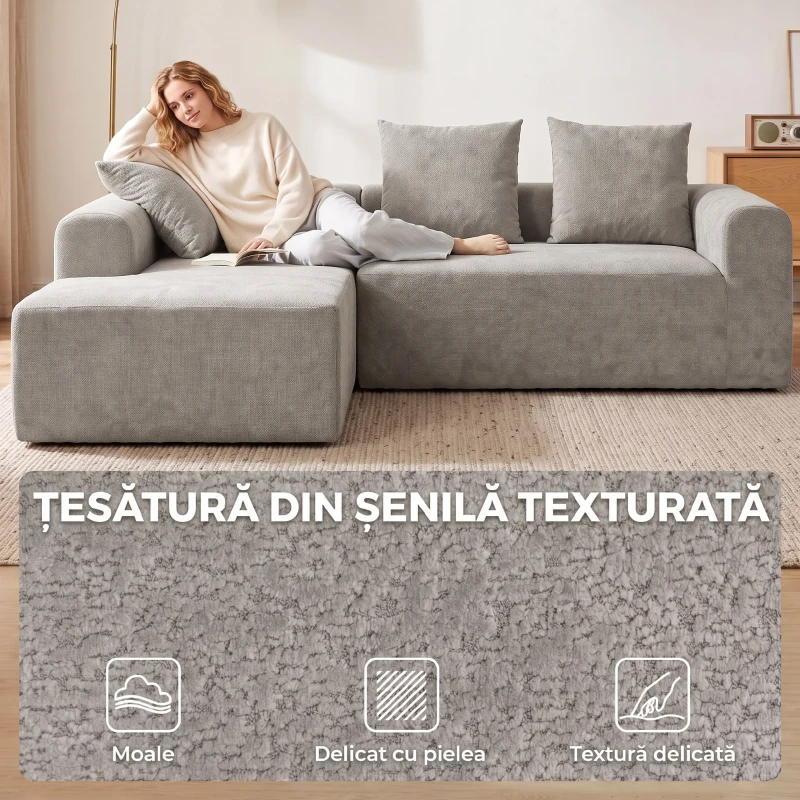HOMCOM Canapea de Colț cu 3 Locuri, Fără Cadru, pentru Living, Gri Deschis