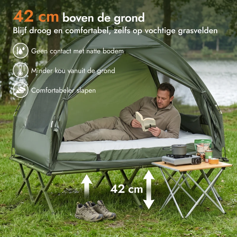 Outsunny Campingbed Hoog Met Matras Draagbaar Camping Groen