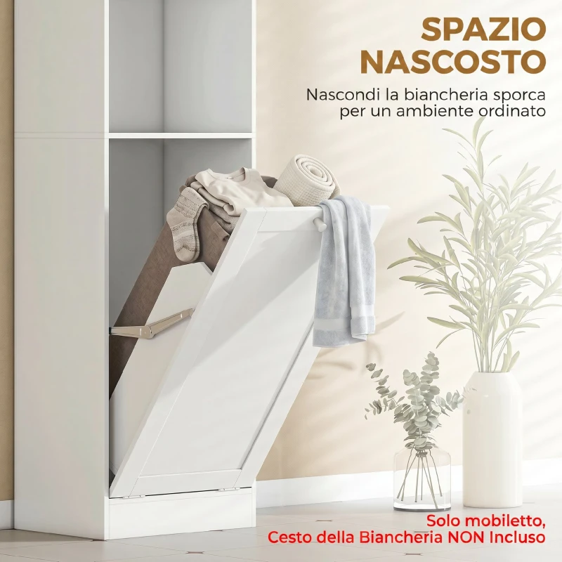 HOMCOM Mobile Bagno Alto con Cesto a Ribalta e Mensole, 40x30x170 cm, Bianco