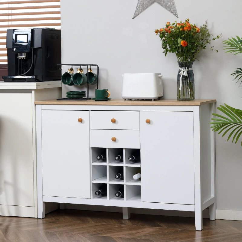 HOMCOM Aparador de Cozinha com 2 Gavetas 2 Armários com Prateleiras Ajustáveis e Suporte para 9 Garrafas 110x35x75 cm Branco e Madeira
