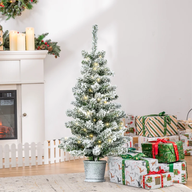 HOMCOM Albero di Natale Artificiale Innevato con 60 Luci LED Bianche e 116 Rami, Albero di Natale con Luci Incorporate, Base con Vaso Rimovibile, Φ40x90cm, Verde