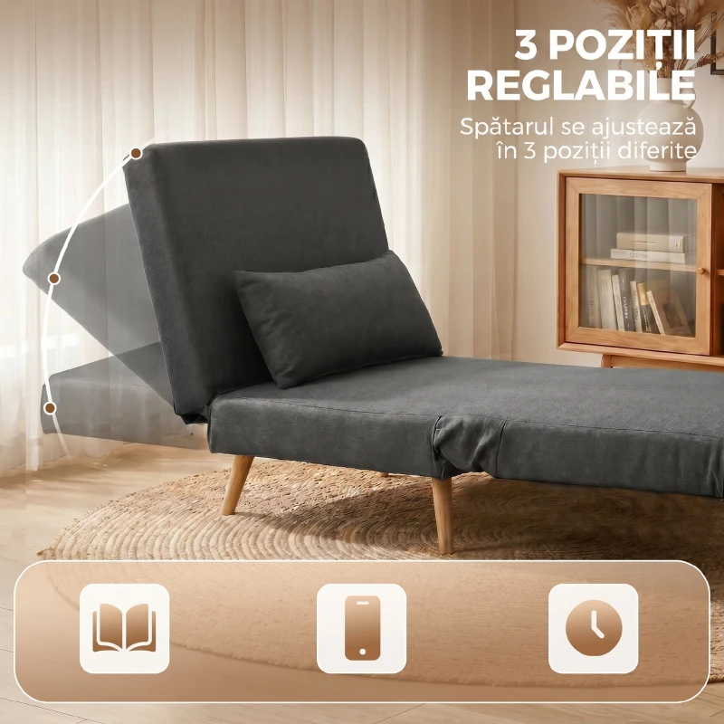 HOMCOM Fotoliu Extensibil 3 în 1 cu Spătar Reglabil pe 3 Niveluri și Pernă, Material Textil cu Aspect de In, Gri