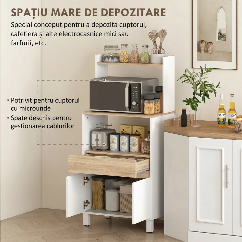 HOMCOM Dulap pentru Microunde din Lemn cu Raft, Blat Deschis, Sertar și Dulap, 60x40x131 cm, Alb