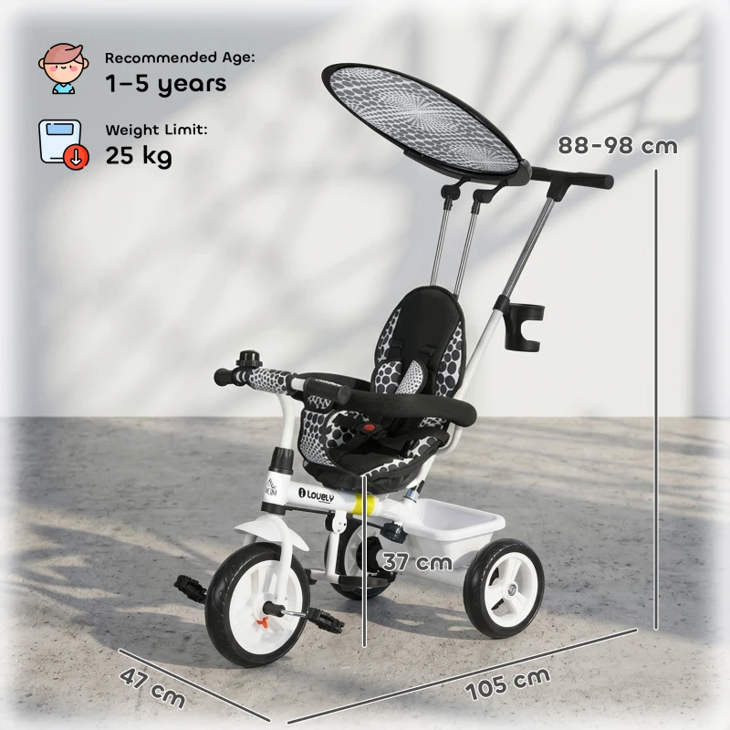 HOMCOM 6 in 1 Tricycle for Kids with 5-point harness straps, Removable Canopy, White