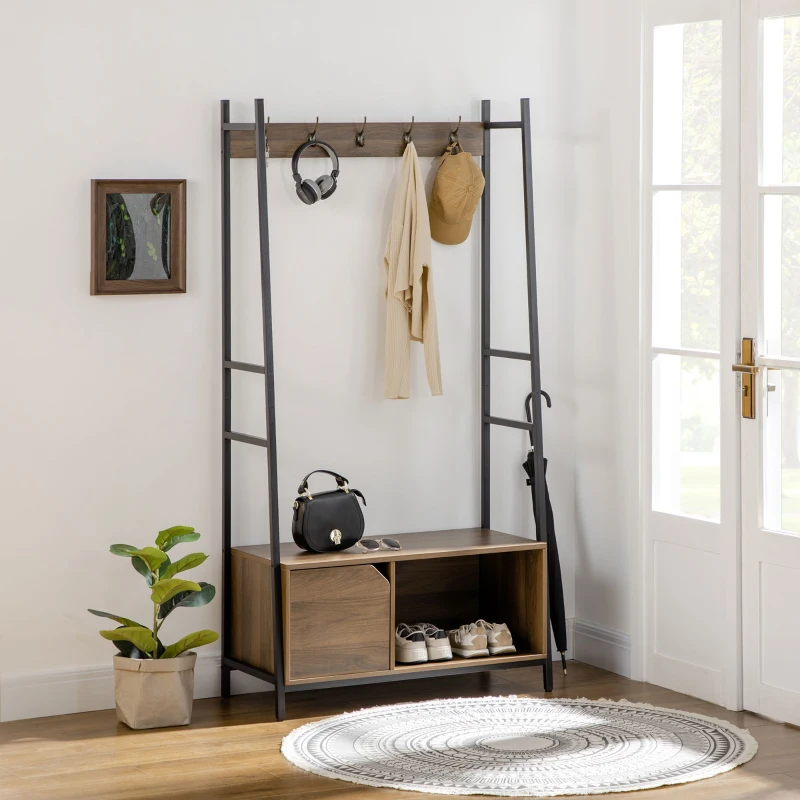 HOMCOM Móvel Cabide de Entrada com Sapateiro Banco 5 Ganchos Armário e Prateleira Aberta 84x40x169cm Marrom Rústico