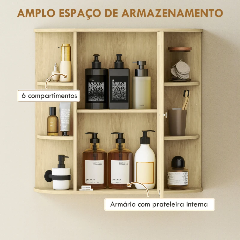 HOMCOM Armário de Casa de Banho com Espelho e Prateleiras Abertas 66x17x63 cm Madeira