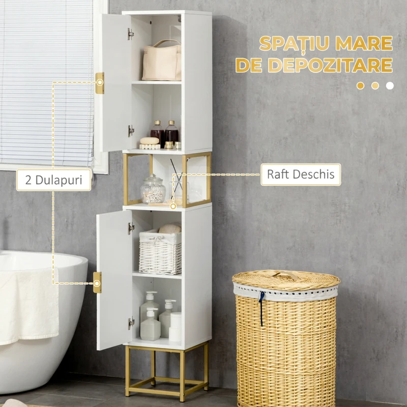 HOMCOM Dulap de Baie Coloană, cu 2 Uși și Rafturi Deschise, pentru Spații Înguste, MDF și Oțel, Stil Modern, Alb(m-4)