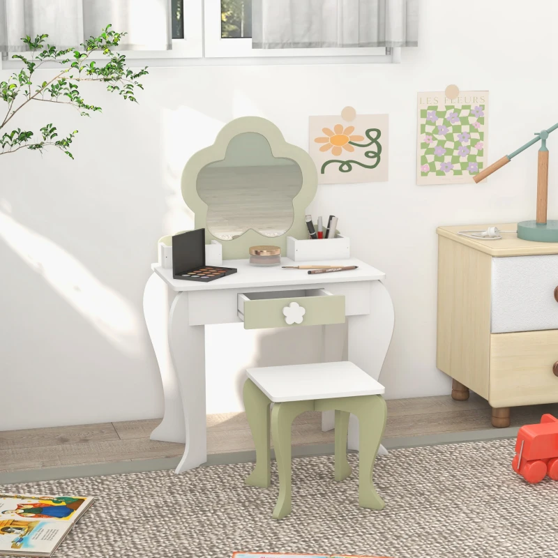 ZONEKIZ Toucador Crianças com Espelho e Banco Toucador de Maquilhagem para Crianças de 3-6 Anos 55x34x87,5 cm Branco e Verde Pastel