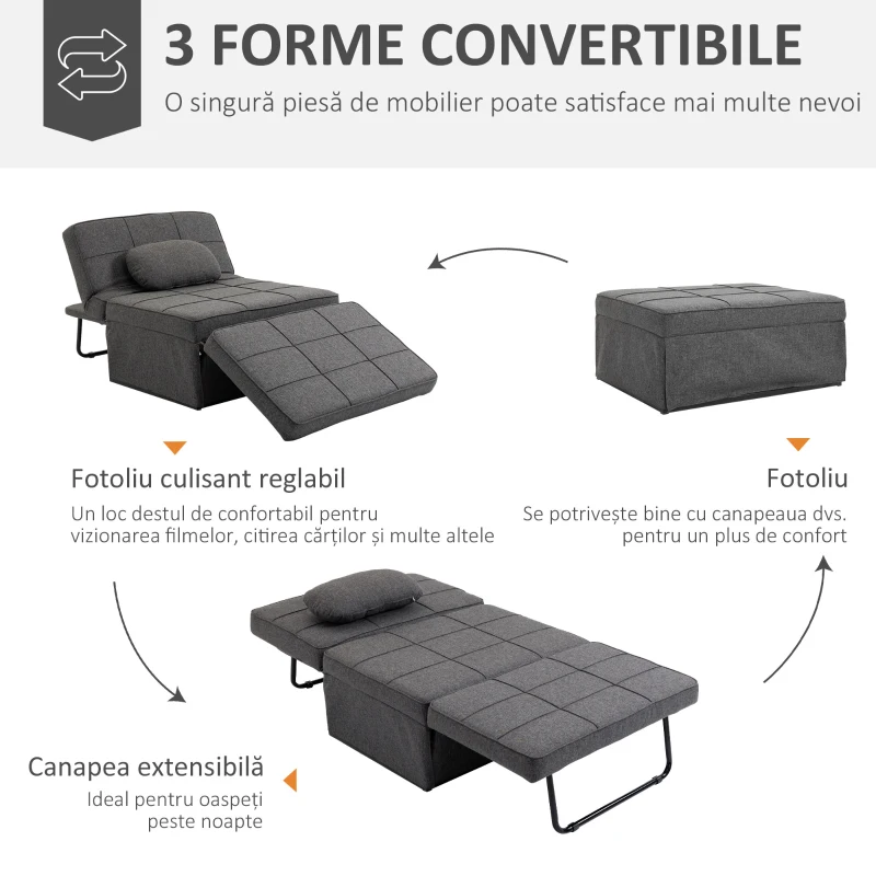 HOMCOM Fotoliu Pat 4 în 1 cu Spătar Reglabil și Pernă din Material Textil cu Aspect de In, 95x179x78 cm, Gri(m-4)
