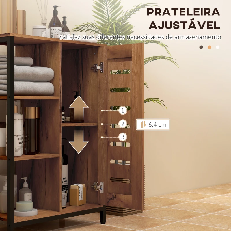 kleankin Móvel Auxiliar Casa de Banho com Porta de Ripas 3 Compartimentos Abertos Prateleira Ajustável 60x30x85 cm Castanho Rústico
