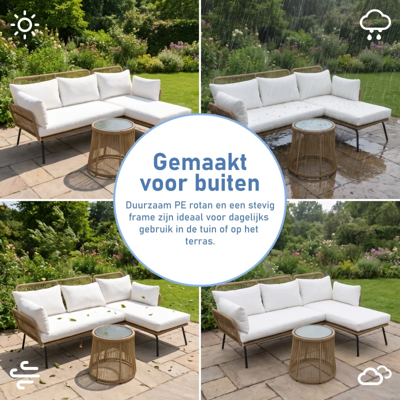 Outsunny Loungeset l-vormige rattan bank set tuin rattan bank tuin zwembad Koffie en Crème