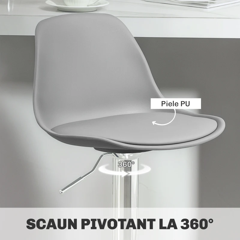 HOMCOM, Set 2 Scaune de Bar, Cu Spătar și Suport pentru Picioare, din PP, Piele PU și Oțel, 38x42x82-104 cm, Gri