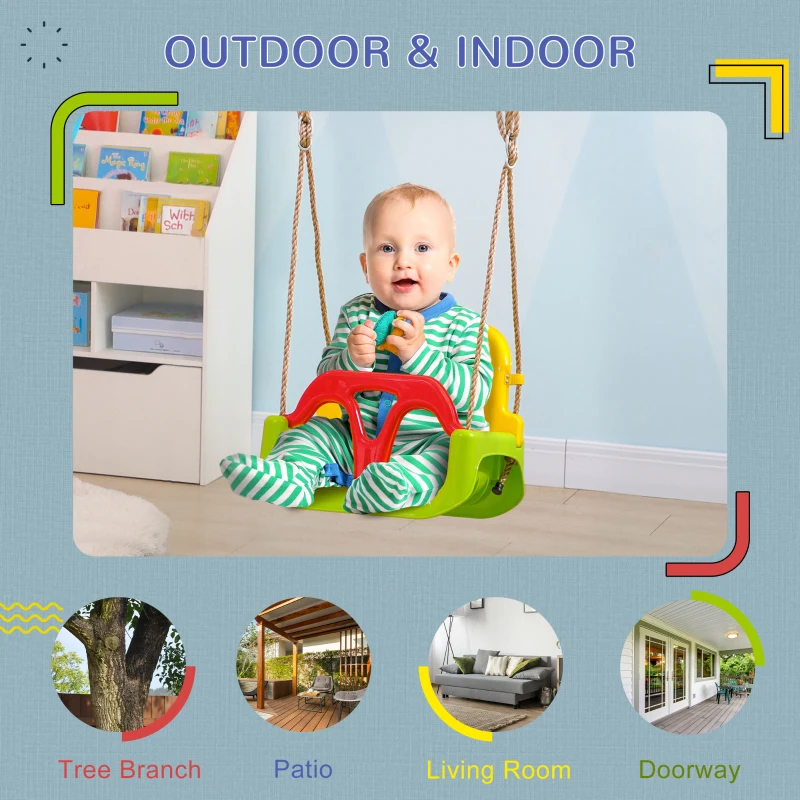 Outsunny 3 in 1 Detachable Kids Swing Seat with Safety Belt, Adjustable Rope for Indoor, Outdoor, Playground, Garden, Green