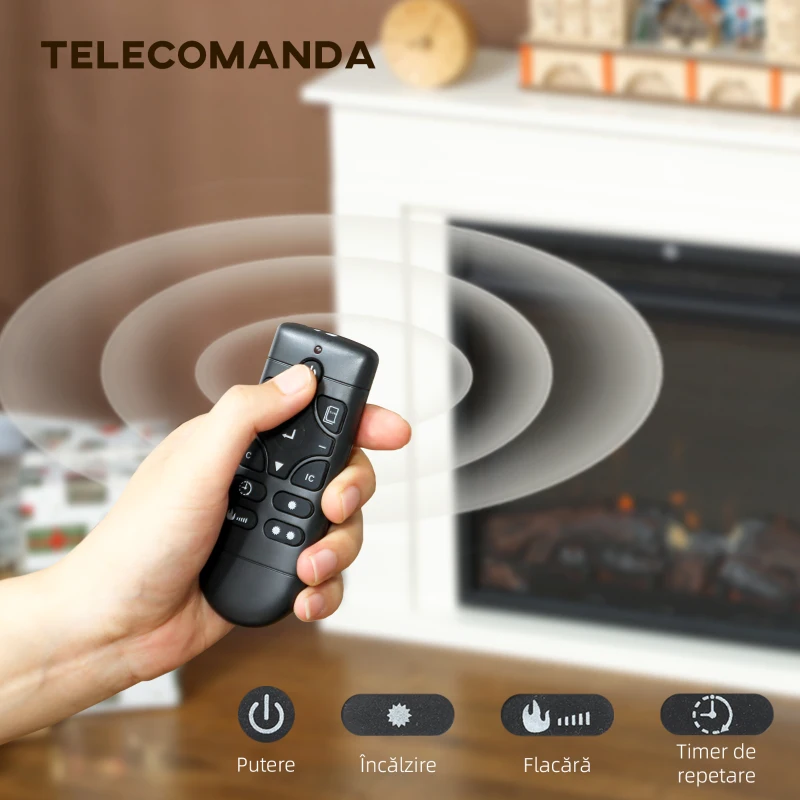 HOMCOM Șemineu Electric cu Flacără Reglabilă pe 5 Niveluri de Luminozitate, Telecomandă și Timer, 98x23,5x69,5 cm, Alb și Negru
