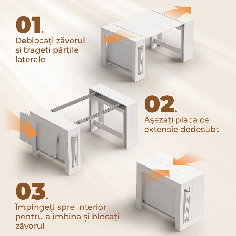 HOMCOM Masă Extensibilă Convertibilă în Consolă pentru 10 Persoane, PAL, Oțel, 240 x 90 x 78 cm, Alb