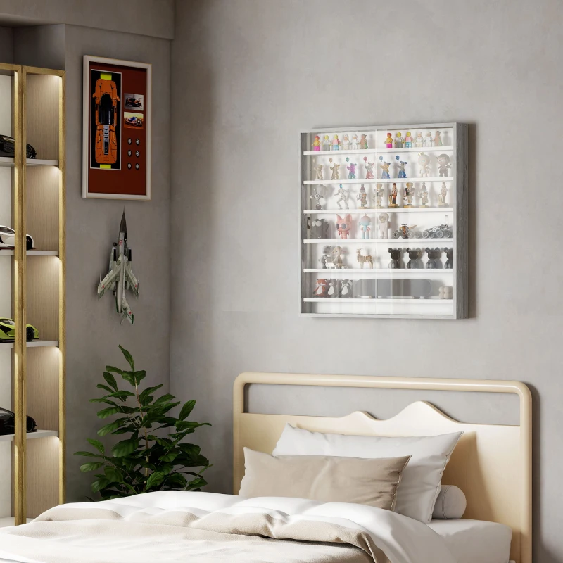 HOMCOM Bacheca Portaoggetti a 5 Ripiani Regolabili in Legno con Ante in Vetro, 80x9.5x83 cm, Bianco e Grigio
