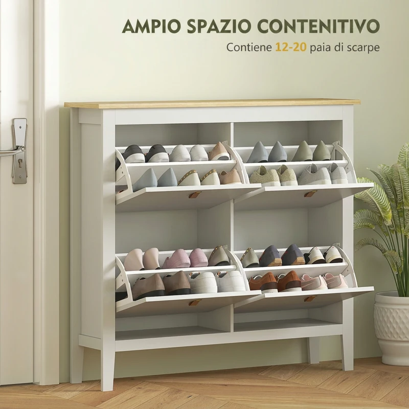 HOMCOM Scarpiera Slim 4 Cassetti per 20 Paia di Scarpe Taglia EU44 e Ripiani Regolabili, 105x24x95.5cm, Bianco