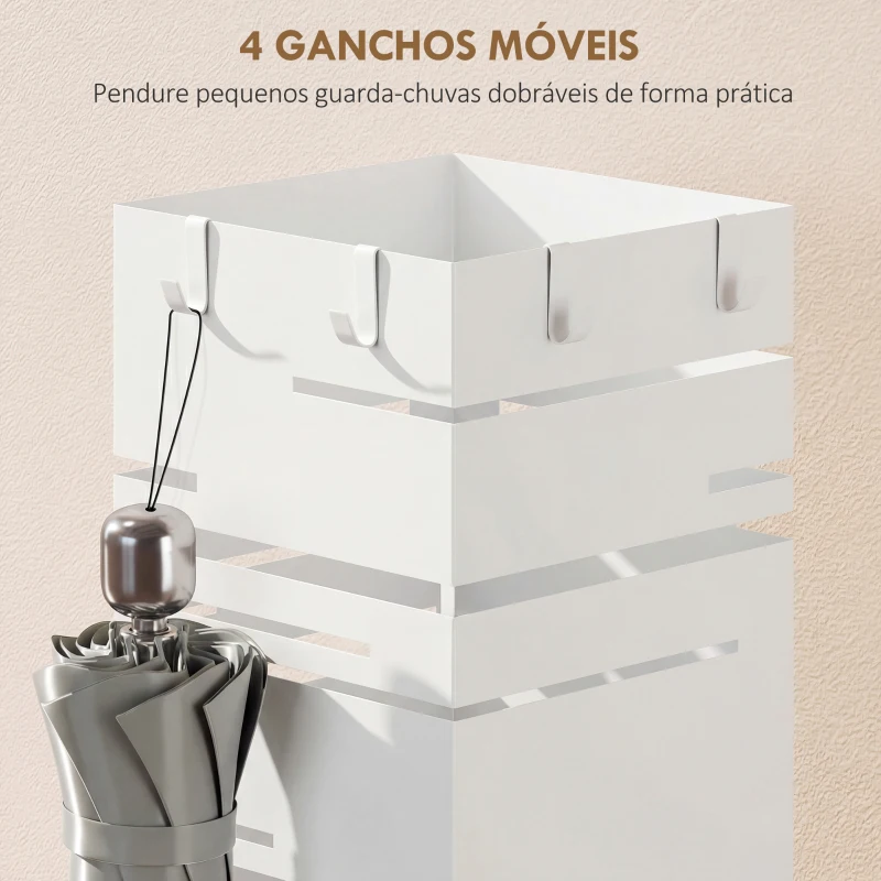 HOMCOM Suporte para Guarda Chuva Metálico com 4 Ganchos e Bandeja de Recolha de Gotas Removível 15,5x15,5x49 cm Branco