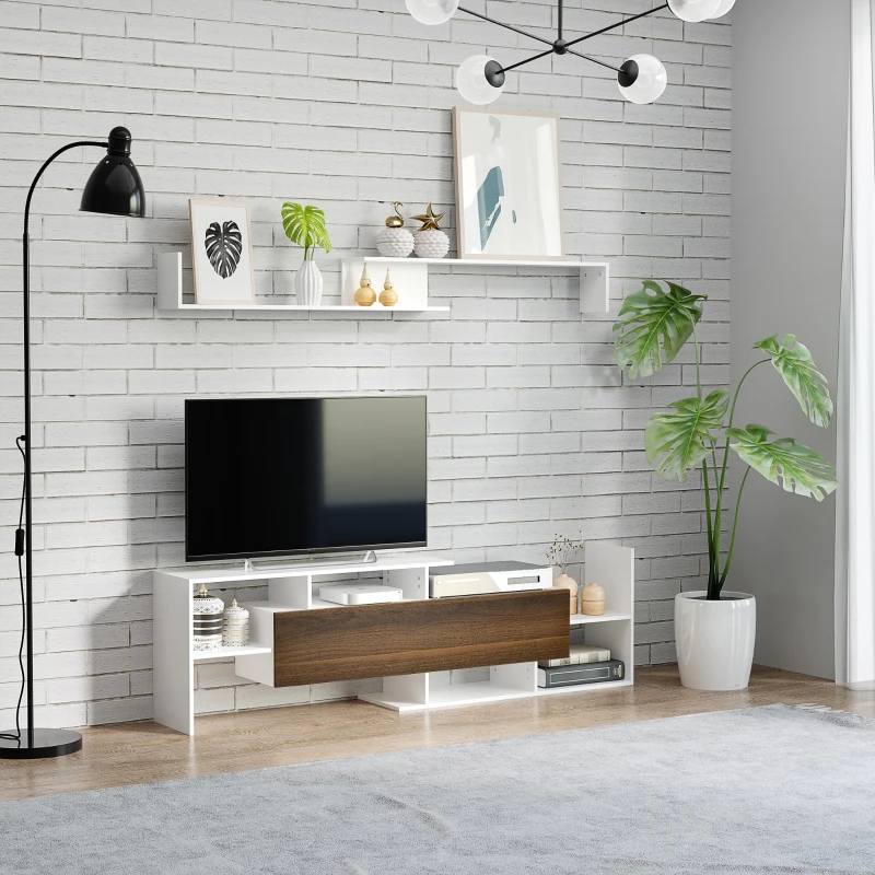 HOMCOM Móvel de TV Moderno Móvel para Televisores 153,6x25x42 cm e Prateleira de Parede 150x14,5x16,3 cm Branco e Marrom