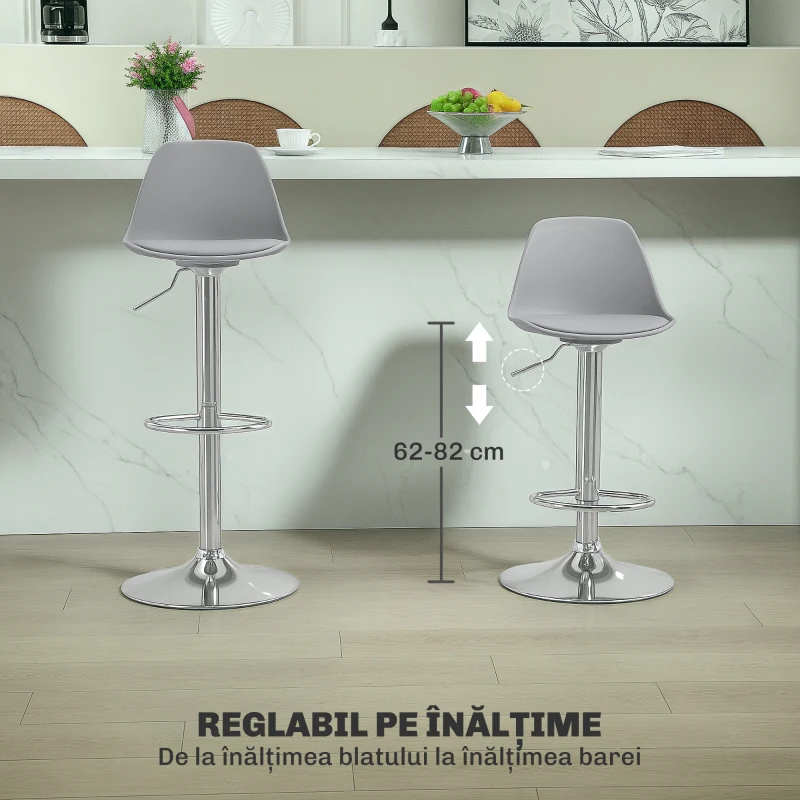HOMCOM, Set 2 Scaune de Bar, Cu Spătar și Suport pentru Picioare, din PP, Piele PU și Oțel, 38x42x82-104 cm, Gri