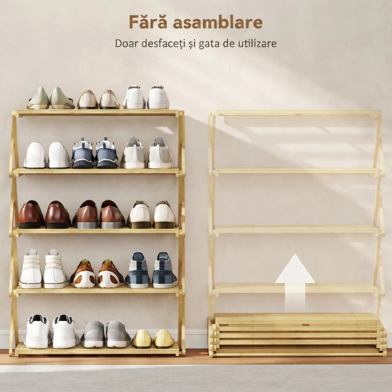HOMCOM Raft pliabil pentru pantofi, 5 niveluri, gata de utilizare, din bambus, 60x29x88 cm, culoare lemn
