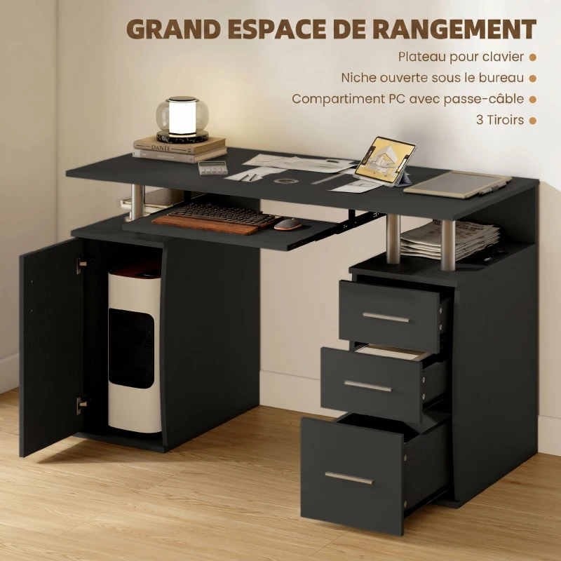 HOMCOM Bureau d'ordinateur, bureau informatique 120 x 55 cm avec plateau pour clavier, 3 tiroirs, pour chambre, domicile, noir