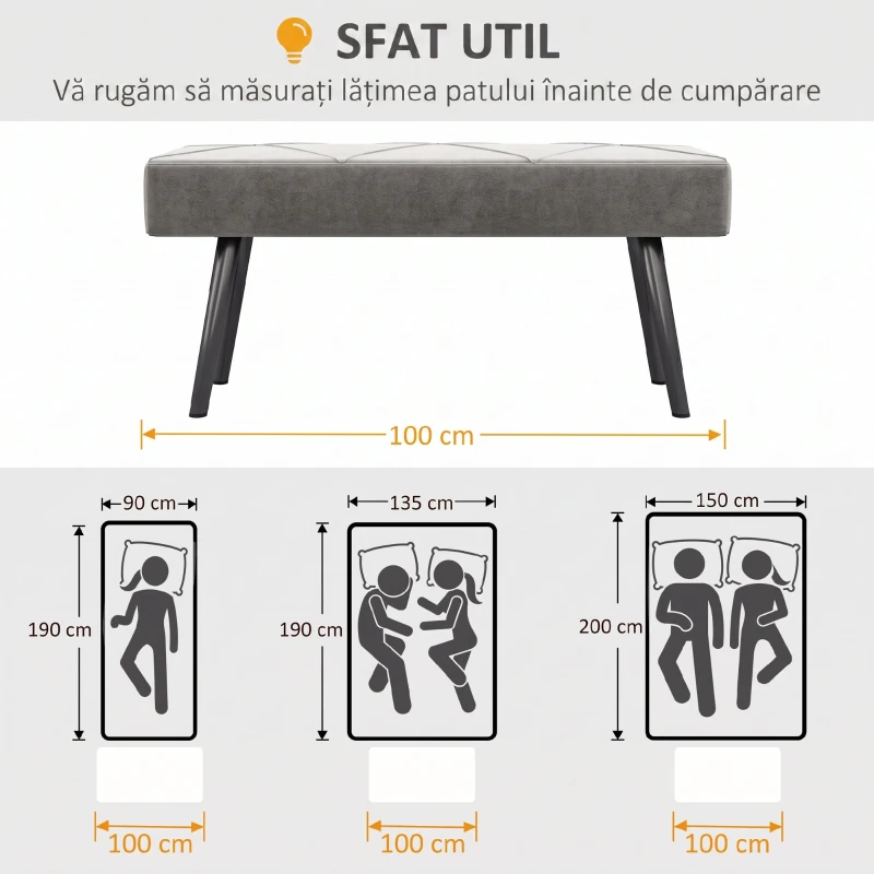 HOMCOM Bancă Tapițată pentru Dormitor din Catifea cu Picioare din Oțel, 100x36x45cm, Gri