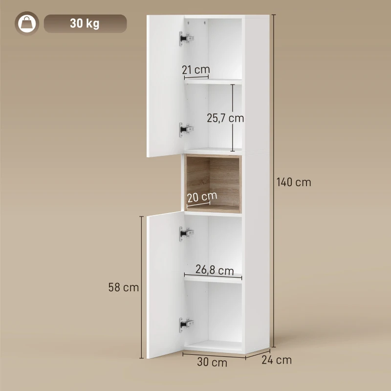 HOMCOM Mobile da Bagno a 2 Ante con Spazio Aperto e Ripiani Regolabili, in Legno, 30x24x140 cm, Bianco