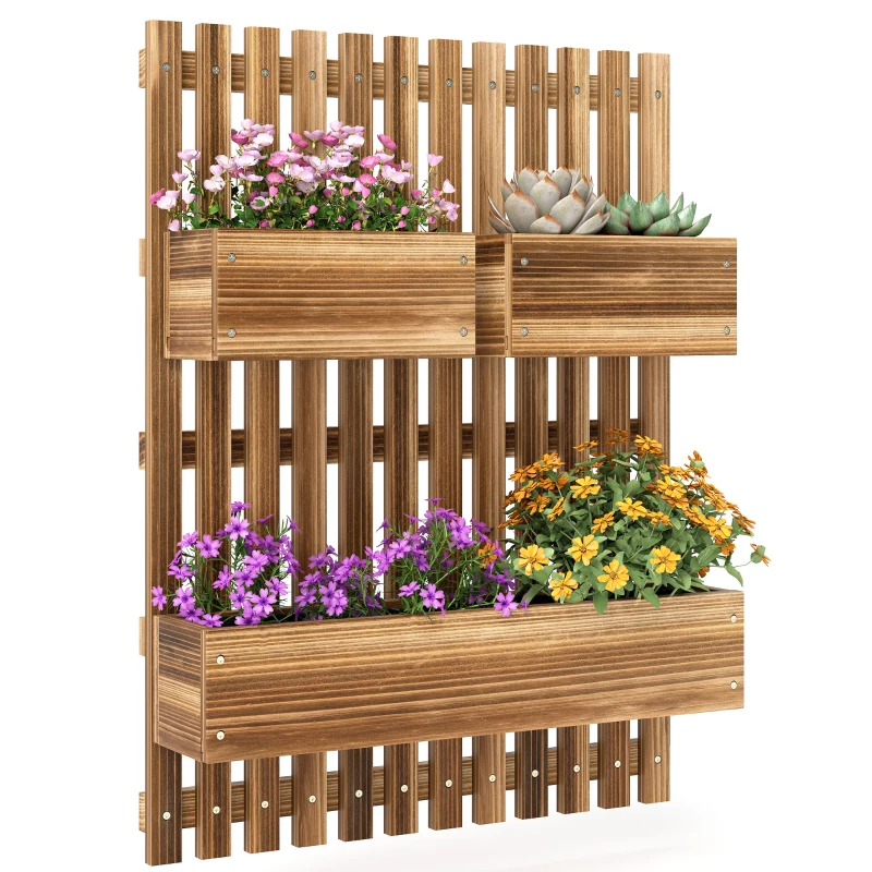 Outsunny Wall-mounted Wooden Garden Planters with Trellis, Drainage Holes and 3 Planter Boxes for Patio, Carbonised
