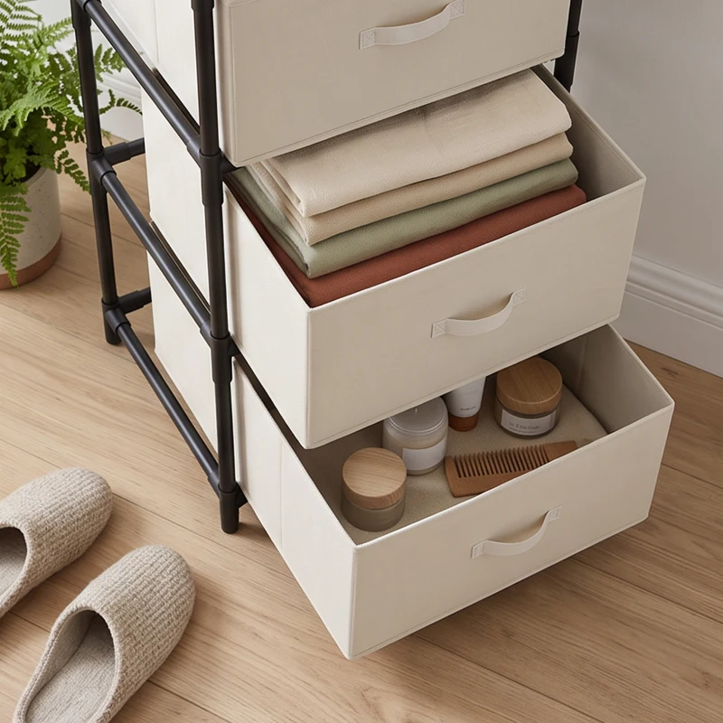 HOMCOM Cómoda para Dormitorio con 4 Cajones de Tela Marco de Acero Cajonera para Salón Oficina Vestidor Beige