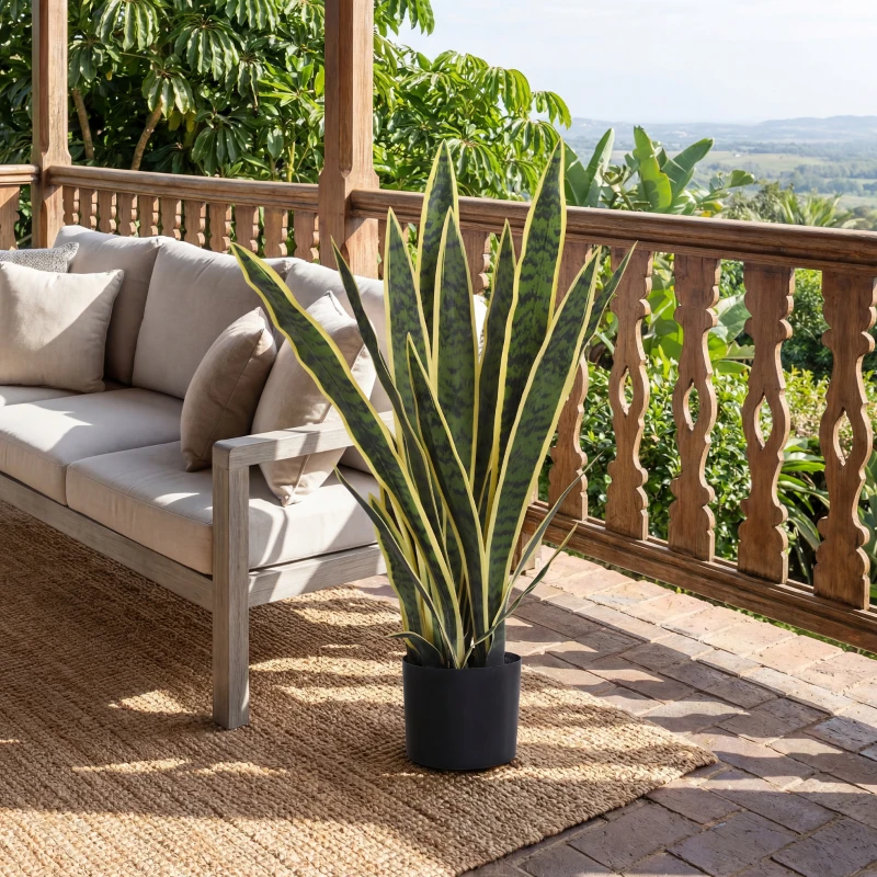 Outsunny Sanseveria Artificiale Pianta Finta Realistica con Vaso,  Ø15cm x 80cm, Verde e Giallo