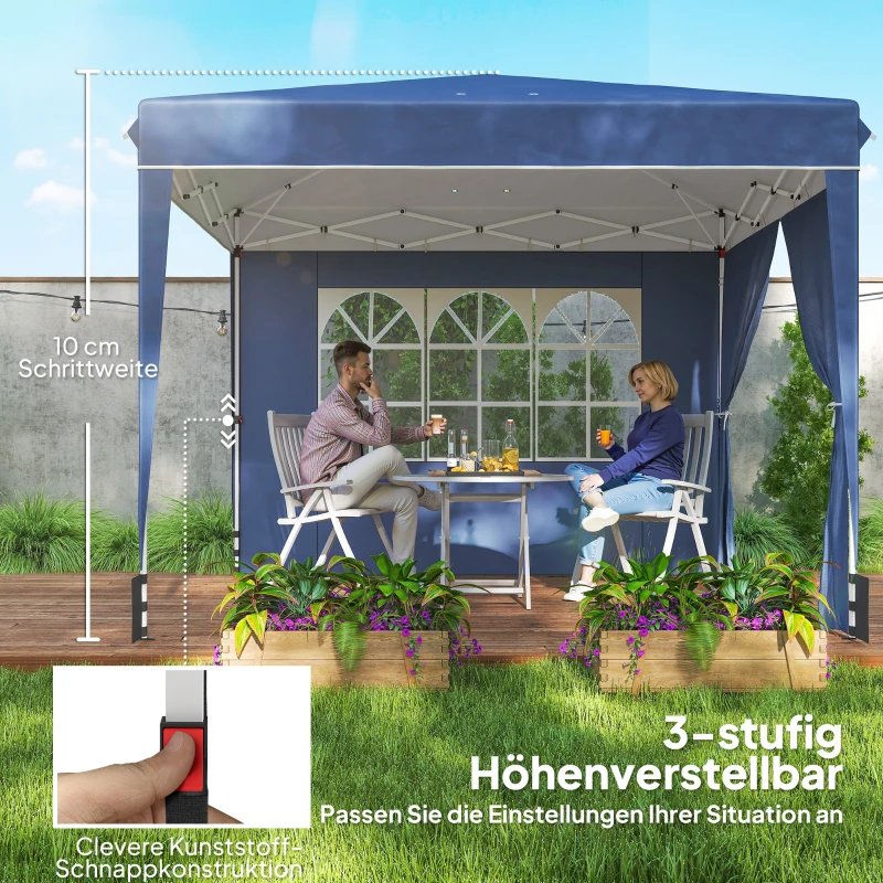 Outsunny Pavillon 3 x3 m Wasserdicht höhenverstellbar Pop-up Faltpavillon mit 2 Seitenteilen, UV 50+ Faltbar Dunkelblau