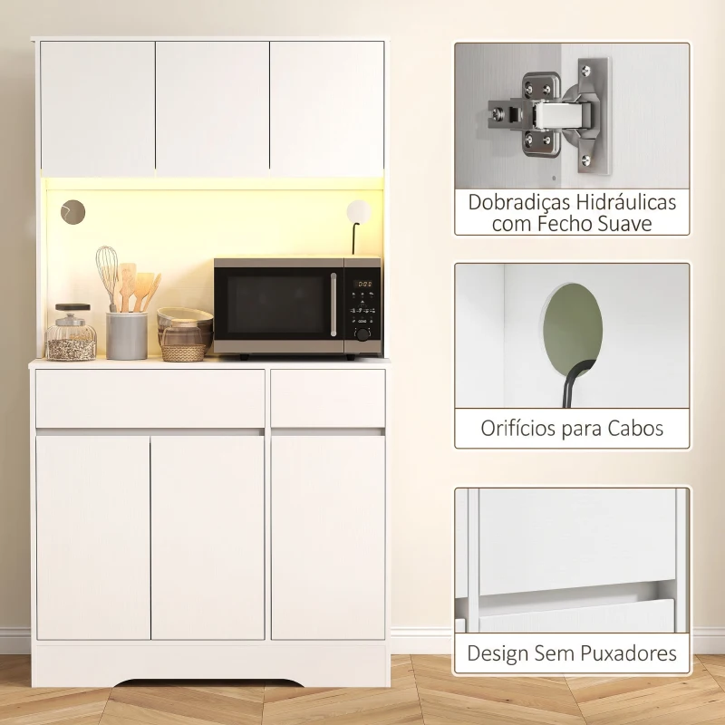 HOMCOM Armário de Cozinha com Luz LED RGB, Bancada para Micro-ondas, 6 Portas, 2 Gavetas, Prateleiras Ajustáveis e Comando à Distância, Branco