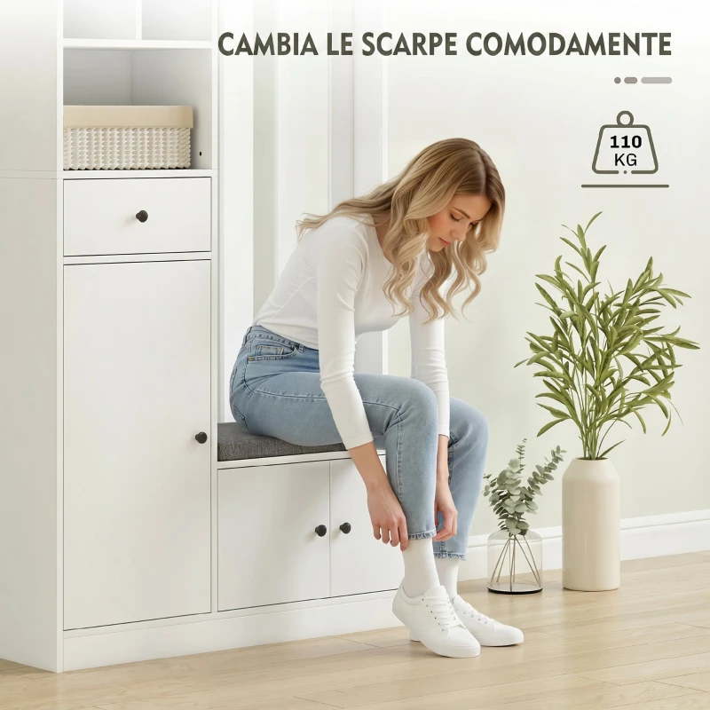 HOMCOM Appendiabiti 180 cm con Panca Porta Scarpe, Soluzione 4-in-1 con Ripiano Regolabile, 4 Ganci e Scomparti Aperti, per Ingresso Soggiorno, Bianco