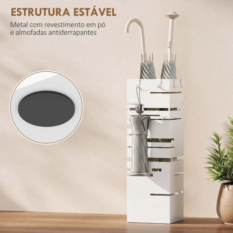 HOMCOM Suporte para Guarda Chuva Metálico com 4 Ganchos e Bandeja de Recolha de Gotas Removível 15,5x15,5x49 cm Branco