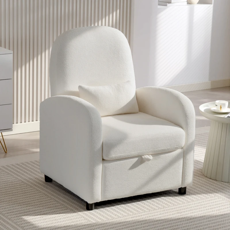HOMCOM Fotoliu de Salon Tapițat cu Spațiu de Depozitare Ascuns, Spătar Înalt, Fotoliu Modern cu Cotiere, Pernă Lombară și Șezut Spațios, din Pluș Teddy, pentru Dormitor și Sufragerie, Crem
